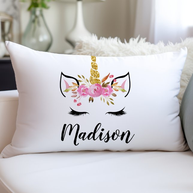 Coussin Rectangle Visage de Licorne Avec Cils Nom Personnalisé (Créateur téléchargé)