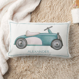 Coussin Rectangle Voiture jouet vintage bleue et blanche personnalis