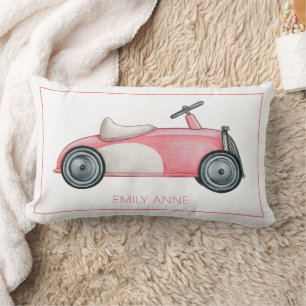 Coussin Rectangle Voiture jouet vintage rose et blanc personnalisée