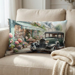 Coussin Rectangle Voiture Vintage et Charming Flower Shop Aquarelle