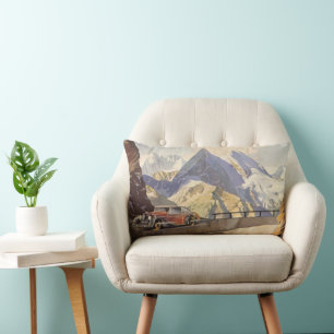 Coussin Rectangle Voiture vintage sur une route de montagne en hiver
