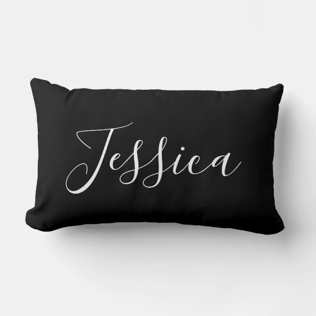 Coussin Rectangle Votre nom | Écriture blanche élégante sur fond noi (Recto)