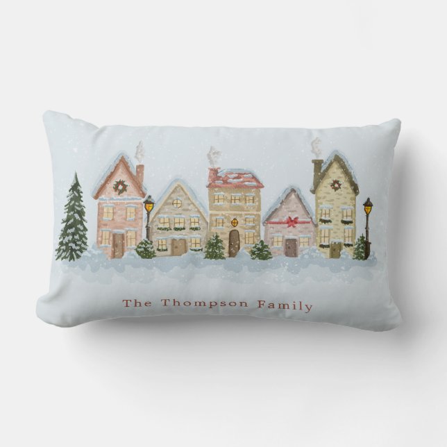 Coussin Rectangle Watercolor Christmas Village Custom Family Name (Recto)