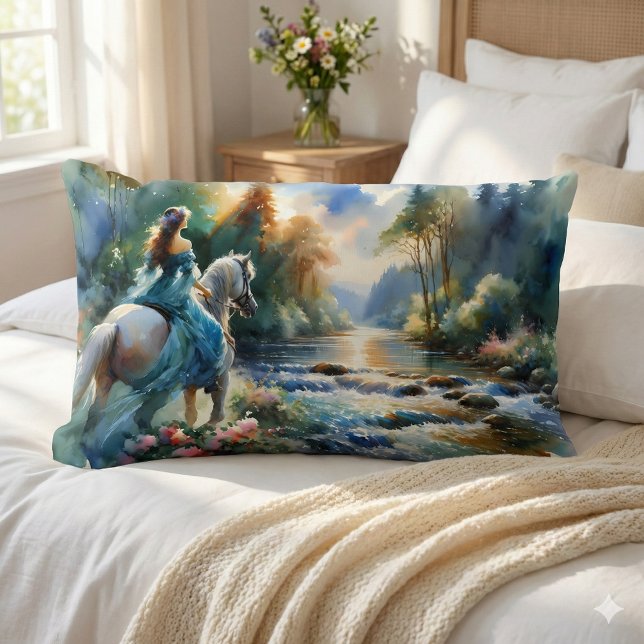 Coussin Rectangle Watercolor Forest River Horsewoman Dreamscape (Watercolor Forest River Horsewoman Dreamscape Lumbar Pillow Mockup a)