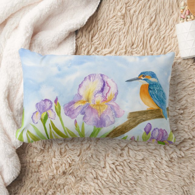 Coussin Rectangle Watercolor Kingfisher with Purple Irises  (Couverture)