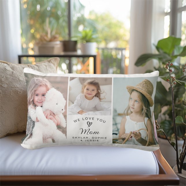 Coussin Rectangle We Love You Mom Collage photo pour enfants (Personalize with your selected photos and text for a thoughtful gift for Mom.)