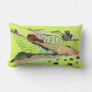 Coussin Rectangle Welsh Countryside in lime green doodart