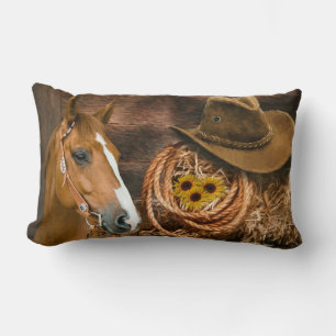 Coussin Rectangle Western Horse Cowboy Casquette Lasso Sunflowers