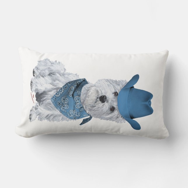 Coussin Rectangle Westie Cowboy en Bleu (Recto)