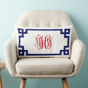 Coussin Rectangle White Navy Red Greek Key Vigne Monogramme do-it-yo