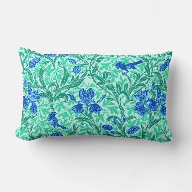 Coussin Rectangle William Morris Irises, Bleu de Cobalt, Aqua et Tur (Recto)