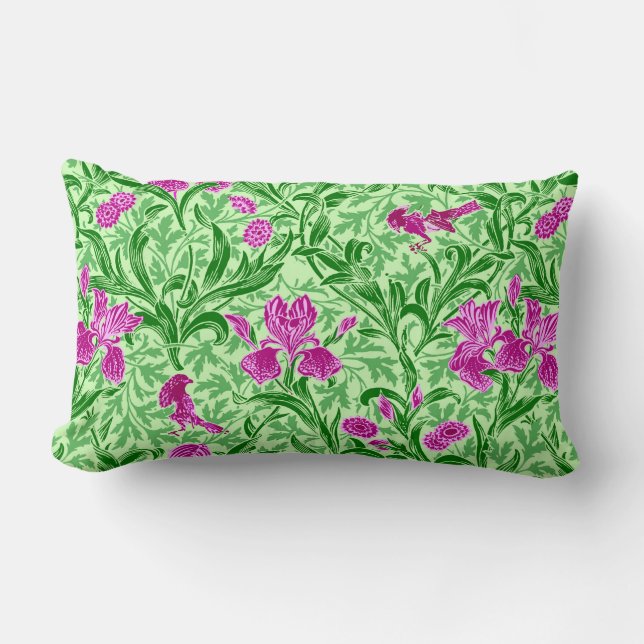 Coussin Rectangle William Morris Irises, Green, Magenta et Orchid (Recto)