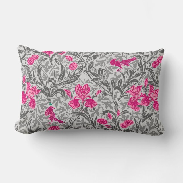 Coussin Rectangle William Morris Irises, rose et gris argenté (Recto)