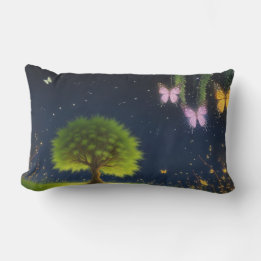 Coussin Rectangle Willow Tree de nuit avec les papillons et les luci