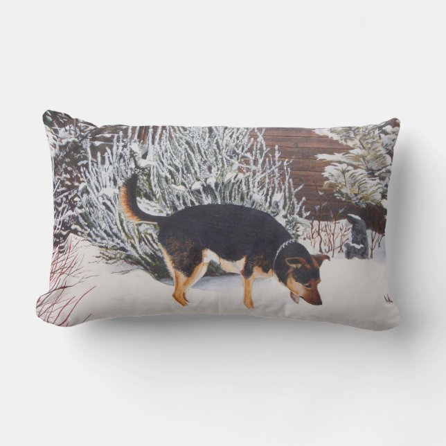 Coussin Rectangle Winter snow scene with cute black and tan dog (Recto)