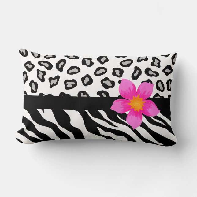 Coussin Rectangle Zèbre noir & blanc & Cheetah Peau & Fleur rose (Recto)
