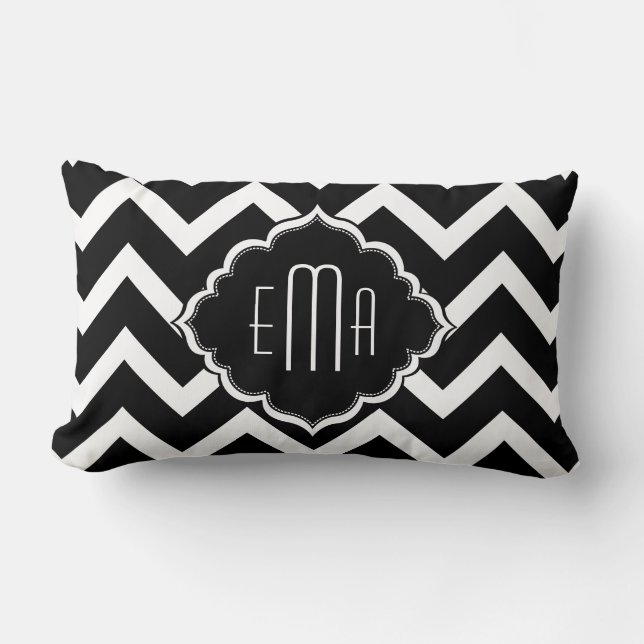 Coussin Rectangle Zigzag noir et blanc monogramme Chevron (Recto)