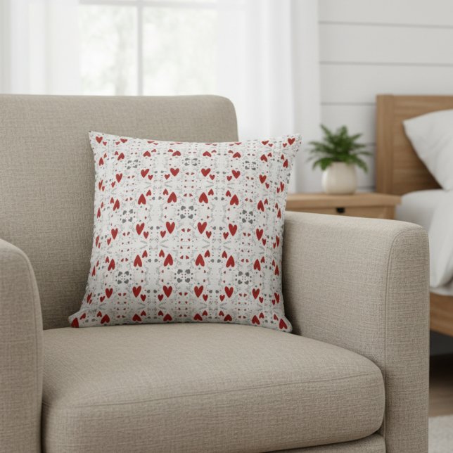 Coussin Red and Black Retro Hand Drawn Hearts Love  (cute red and black hearts hand drawn doodles accent pillow for her valentines theme bedroom decor)