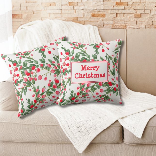 Coussin Red Berries Festive Motif Joyeux Noël (Créateur téléchargé)