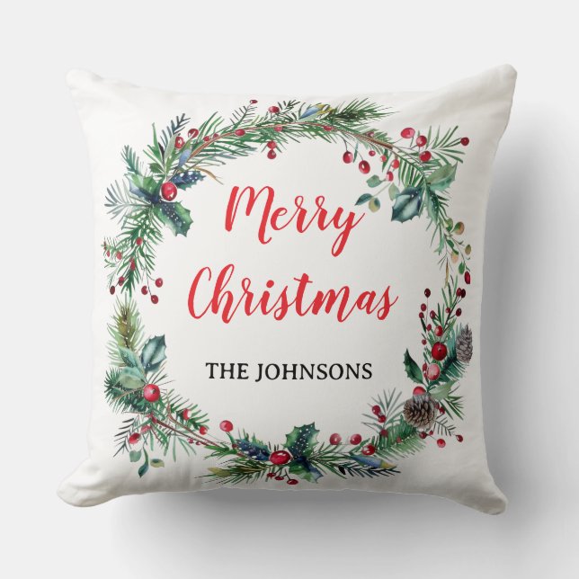 Coussin Red Berries Greenery Family Christmas Throw Pillow (Recto)
