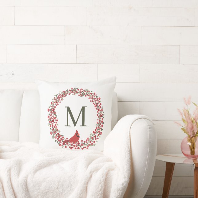 Coussin Red Berries Wreath and Red Cardinal Monogram  (Canapé)