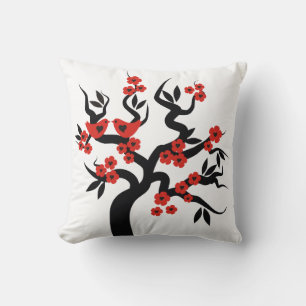 Coussin Red Black Love birds sakura cherry tree & blossoms