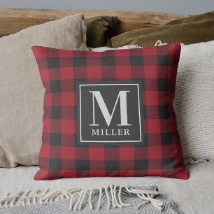 Coussin Red Buffalo Check Plaid Nom de famille Monogramme