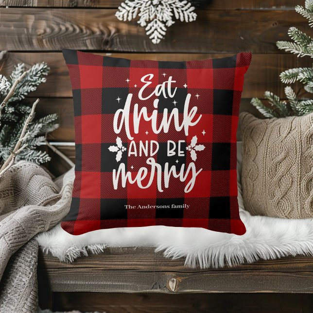 Coussin Red Buffalo Plaid “Eat, Drink & Be Merry” (Créateur téléchargé)