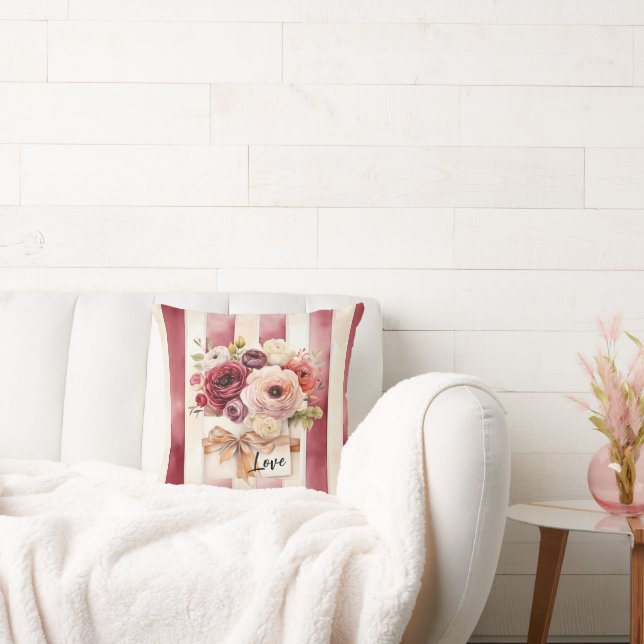 Coussin Red Burgundy Cream Stripes Floral Love (Canapé)