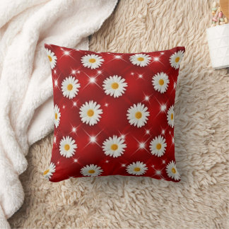 Coussin Red Daisy Floral Sparkle Throw Pillow