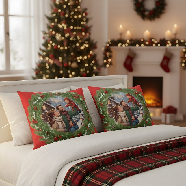Coussin ❄️ Red Family Pillow with Winter Tree Frame ❄️ (Créateur téléchargé)