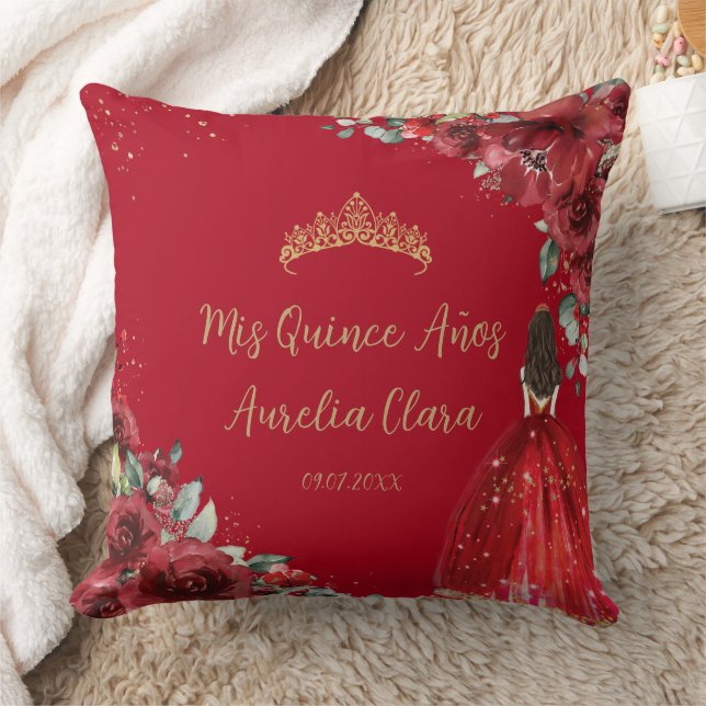 Coussin Red Floral Princess Gold Quinceañera Keepsaké (Couverture)