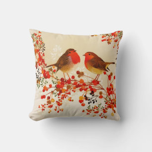 Coussin Red Gold Winter Birds Holly Berry Branches