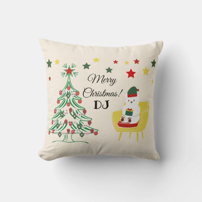 Coussin Red Green White Bear Tree Monogram Joyeux Noël (Recto)