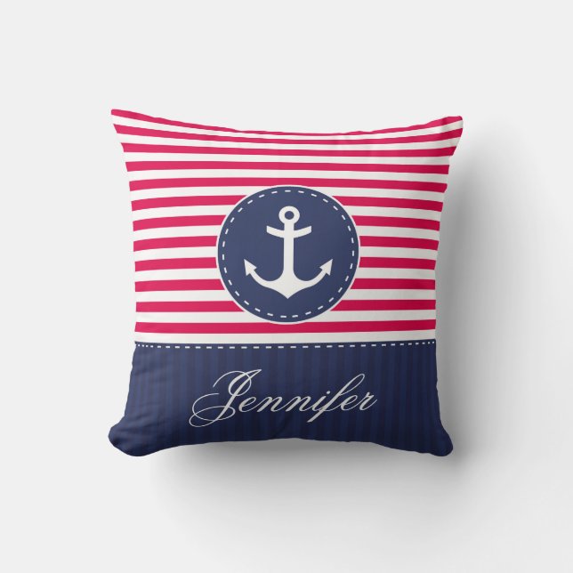 Coussin Red Navy Blue Ancre nautique Design Nom personnali (Recto)