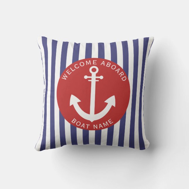 Coussin Red Navy Blue Stripes Nom du bateau Ancre Nautique (Verso)