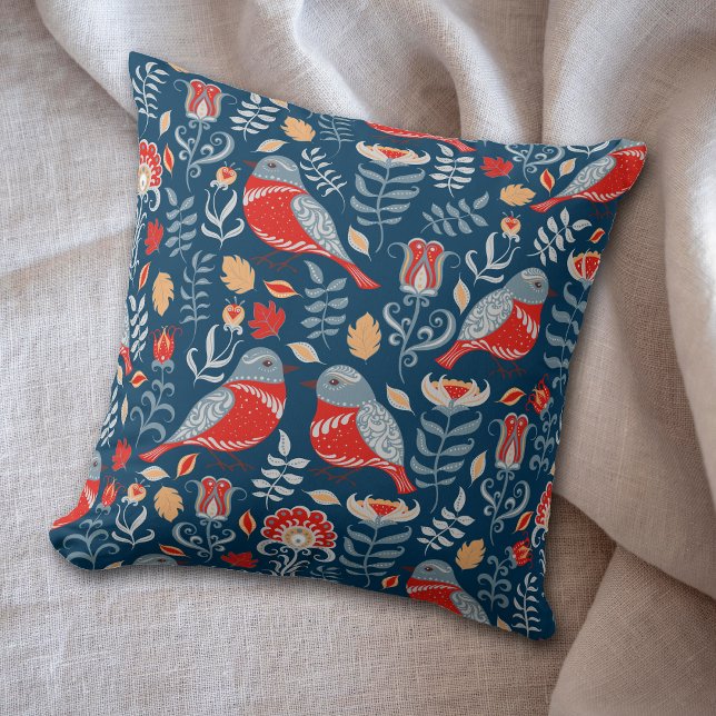 Coussin Red Nordic Bird sur Motif bleu (Créateur téléchargé)