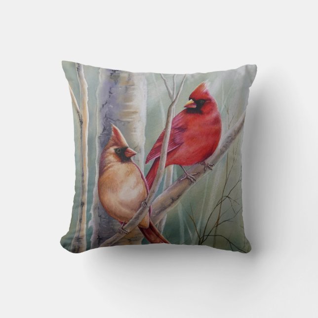 Coussin "Red Northern Cardinal Bird Pair Watercolor Art (Recto)