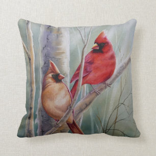 Coussin "Red Northern Cardinal Bird Pair Watercolor Art