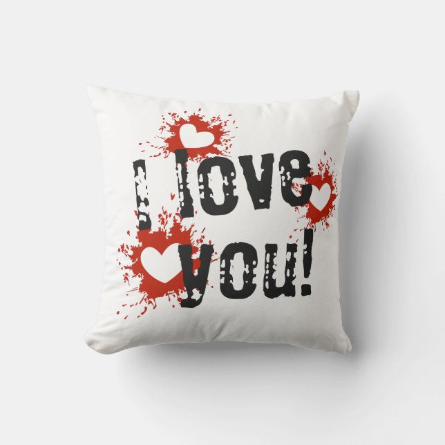 Coussin Red Paint Splatter Coeurs, Je T'Aime (Recto)