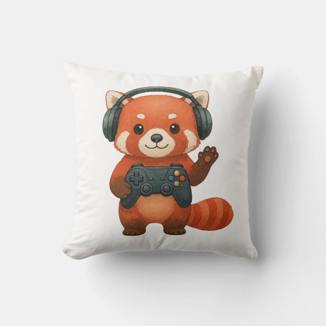 Coussin Red Panda Gamer, contrôleur de jeu et casques (Recto)