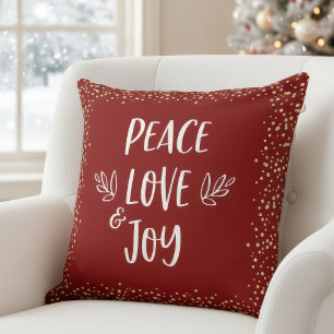 Coussin Red Peace Love Joy Script Gold Foil Dots Moderne