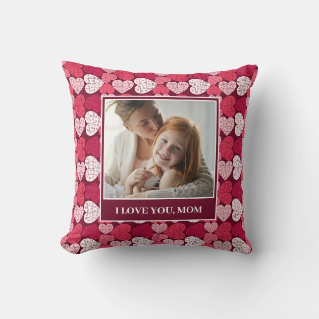 Coussin Red Pink Jigsaw Puzzle Heart Photo Je t'aime Maman (Recto)