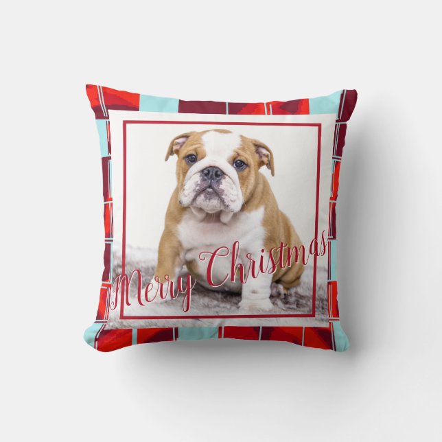 Coussin Red Plaid Bulldog Chien photo Joyeux Noël (Recto)