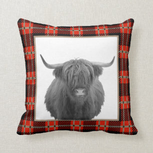 Coussin Red Plaid Highland Cow Cabine Mountain Lodge