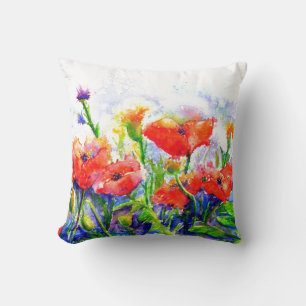 Coussin Red Poppy Fields aquarelle peinture florale
