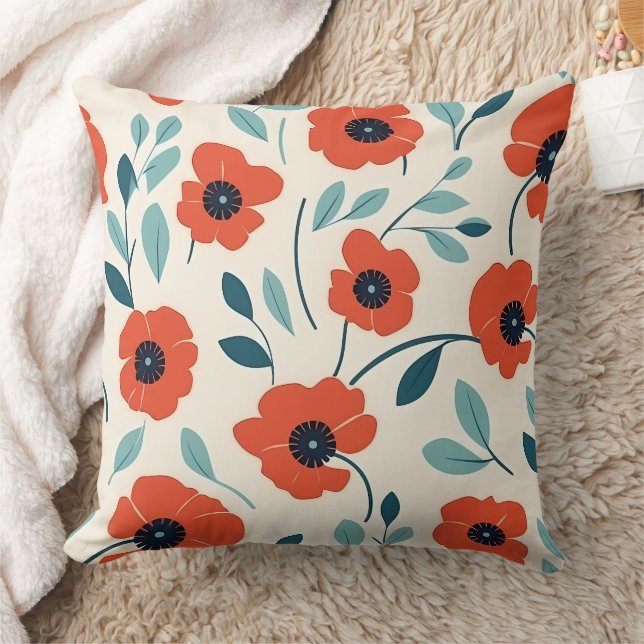 Coussin Red Poppy Floral Print Motif sans couture (Couverture)