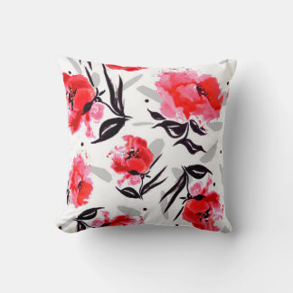 Coussin Red Poppy sur un arrière - plan blanc à rayures gr