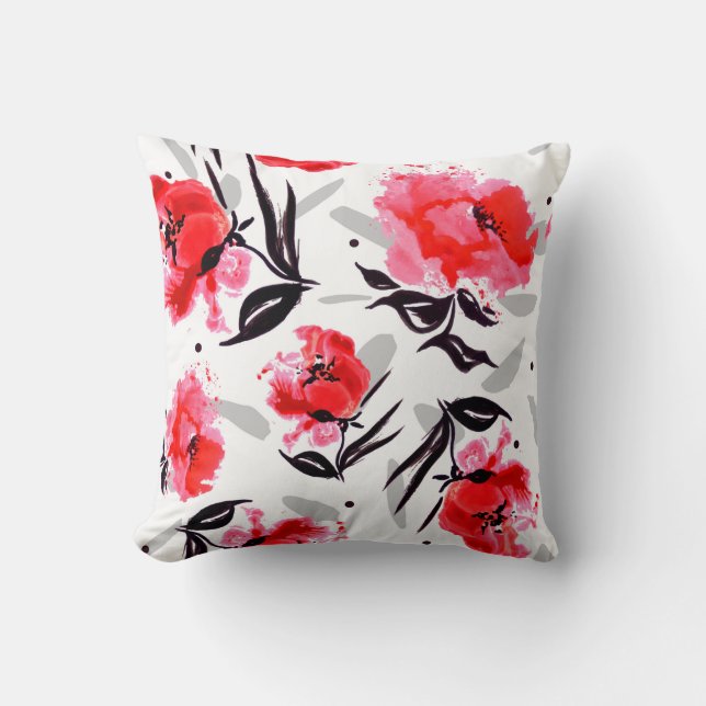 Coussin Red Poppy sur un arrière - plan blanc à rayures gr (Recto)