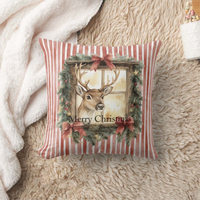 Coussin Red Stripes Bows Christmas Deer in Window (Couverture)
